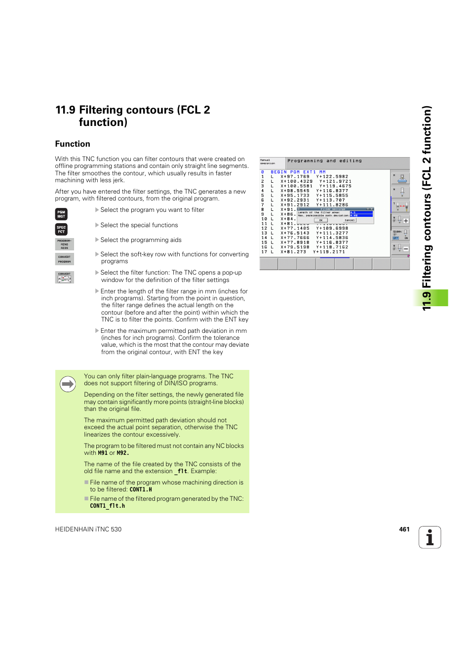 9 filtering contours (fcl 2 function), Function | HEIDENHAIN iTNC 530 (60642x-04) User Manual | Page 461 / 747