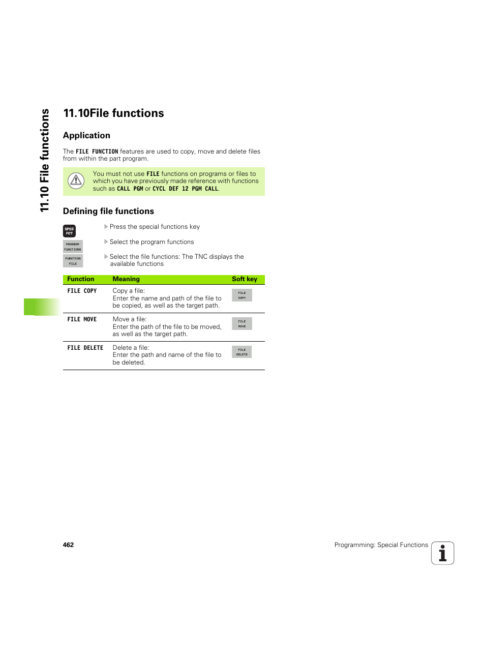 10 file functions, Application, Defining file functions | Application defining file functions | HEIDENHAIN iTNC 530 (60642x-04) User Manual | Page 462 / 747