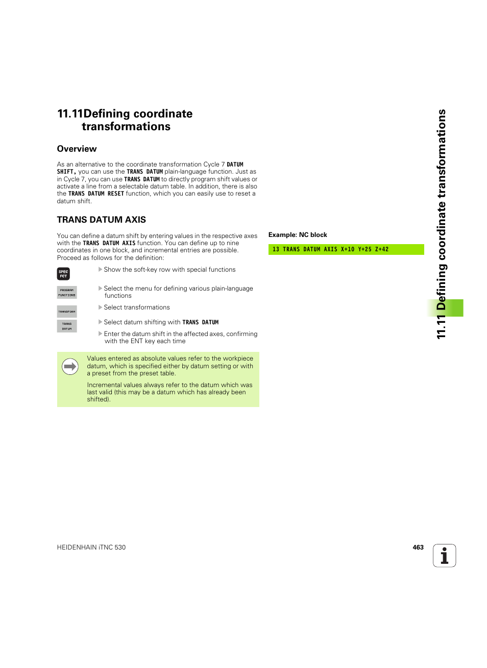 11 defining coordinate transformations, Overview, Trans datum axis | Overview trans datum axis | HEIDENHAIN iTNC 530 (60642x-04) User Manual | Page 463 / 747