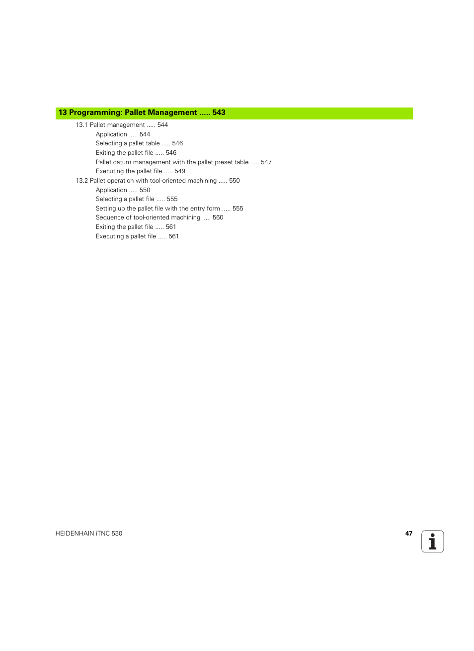 13 programming: pallet management | HEIDENHAIN iTNC 530 (60642x-04) User Manual | Page 47 / 747