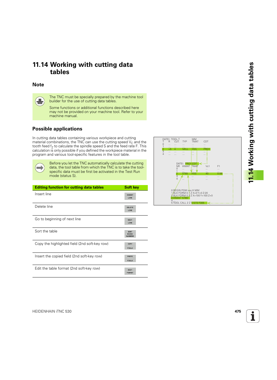 14 working with cutting data tables, Note, Possible applications | Note possible applications | HEIDENHAIN iTNC 530 (60642x-04) User Manual | Page 475 / 747