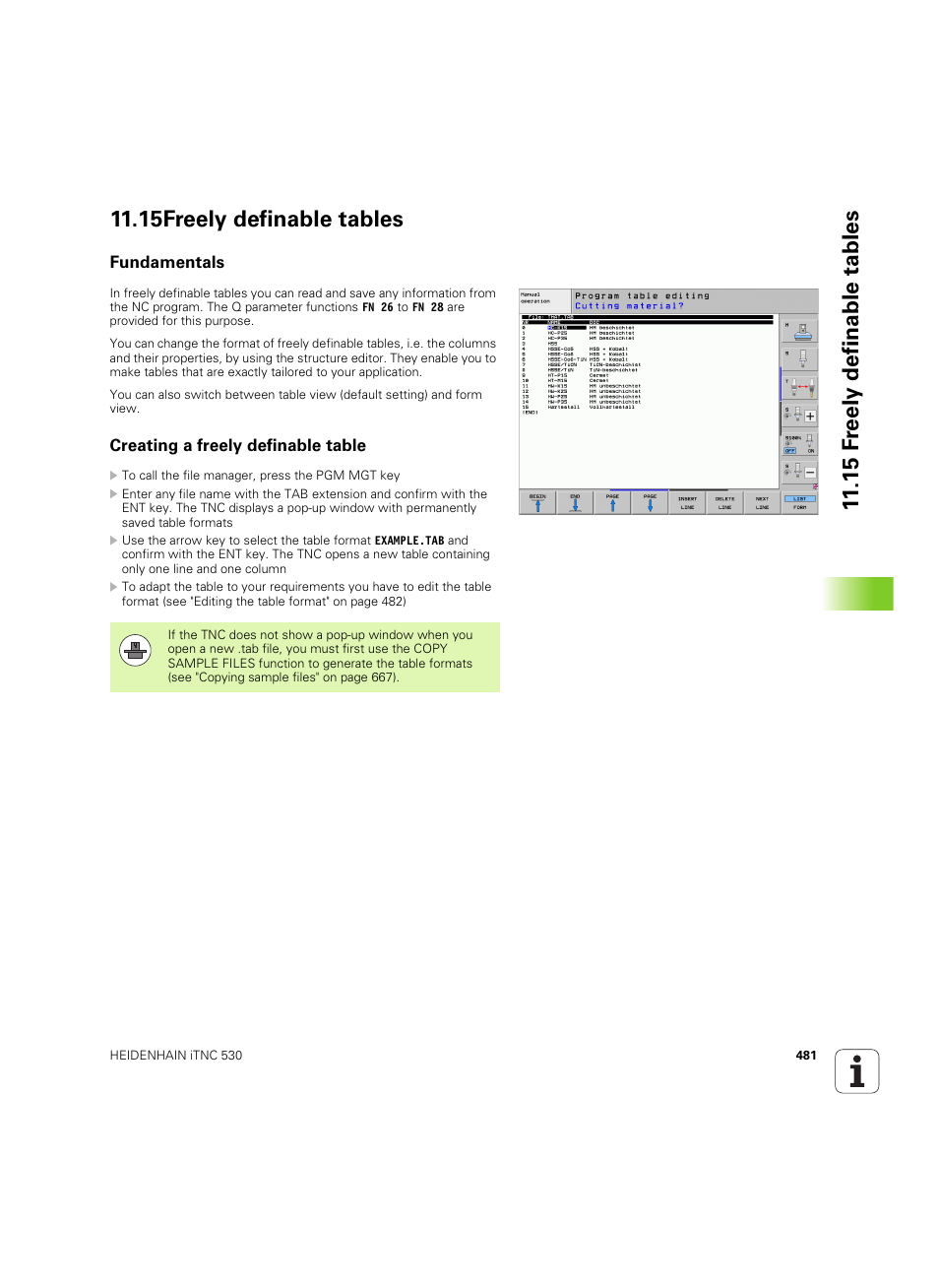 15 freely definable tables, Fundamentals, Creating a freely definable table | Fundamentals creating a freely definable table | HEIDENHAIN iTNC 530 (60642x-04) User Manual | Page 481 / 747