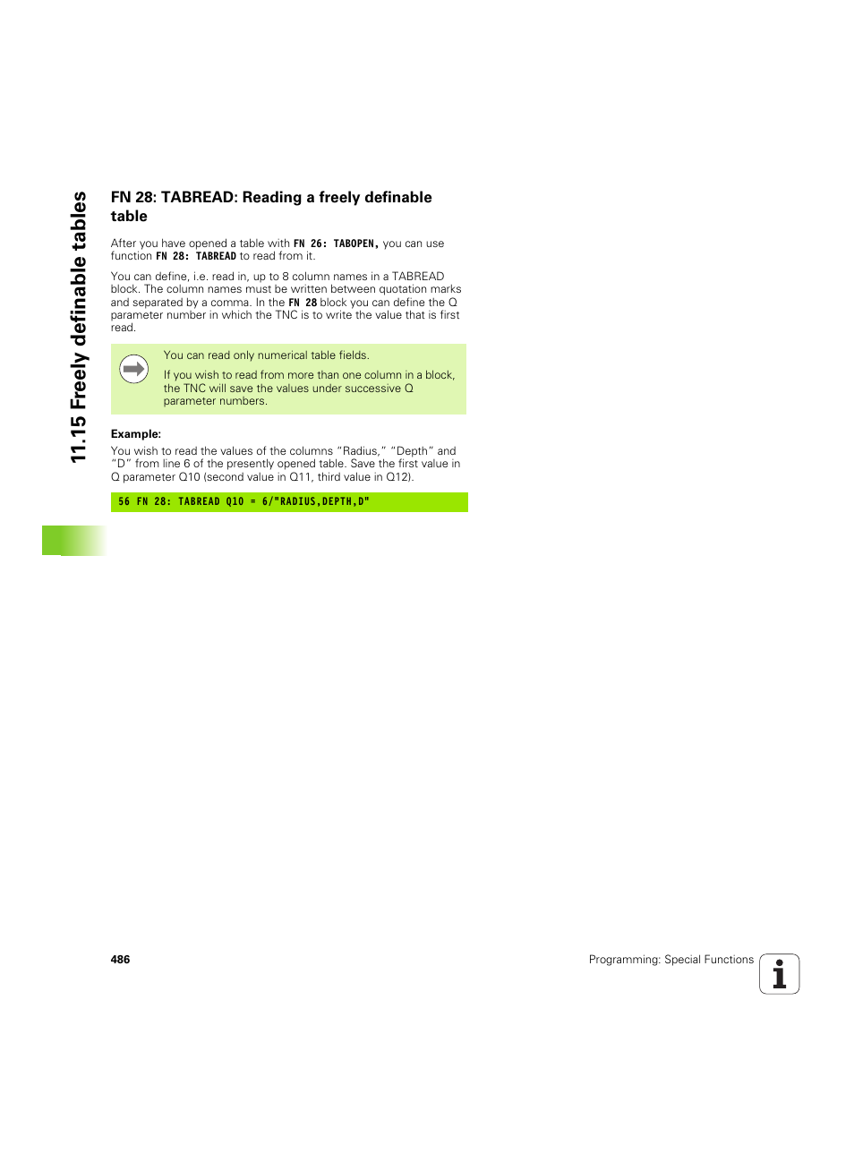 Fn 28: tabread: reading a freely definable table, 15 f reely definable tables | HEIDENHAIN iTNC 530 (60642x-04) User Manual | Page 486 / 747