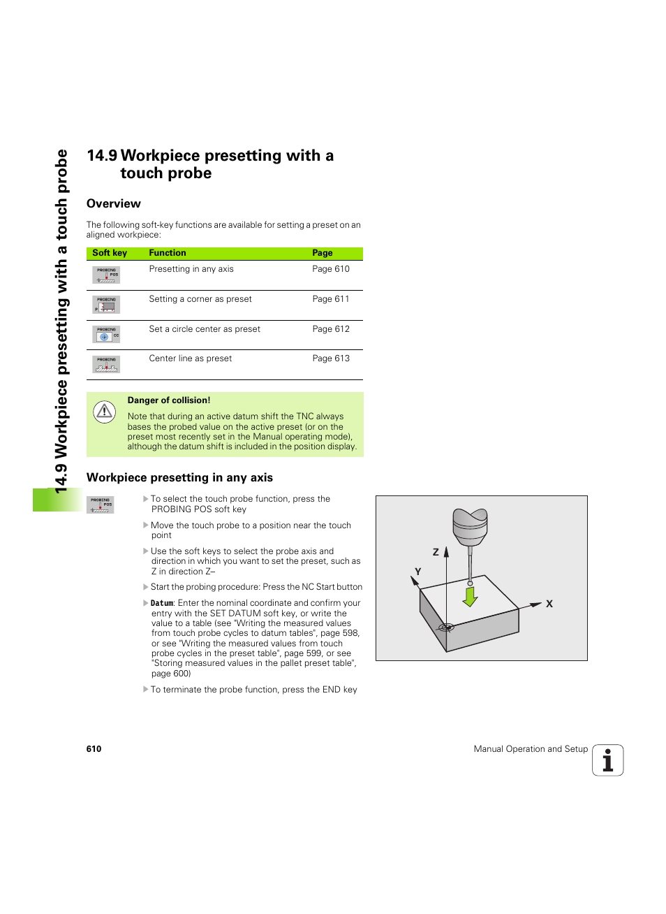9 workpiece presetting with a touch probe, Overview, Workpiece presetting in any axis | Overview workpiece presetting in any axis | HEIDENHAIN iTNC 530 (60642x-04) User Manual | Page 610 / 747