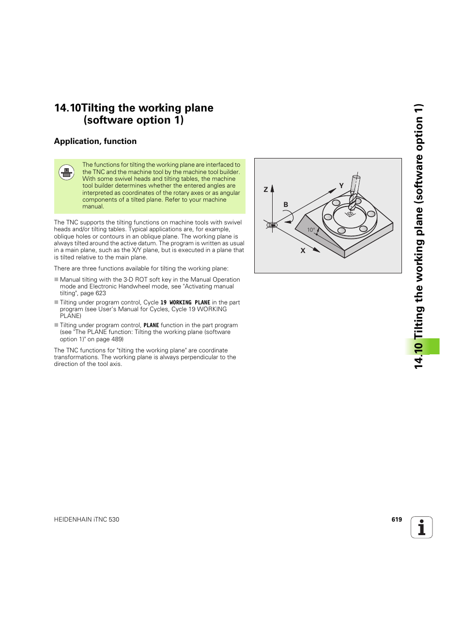 10 tilting the working plane (software option 1), Application, function | HEIDENHAIN iTNC 530 (60642x-04) User Manual | Page 619 / 747