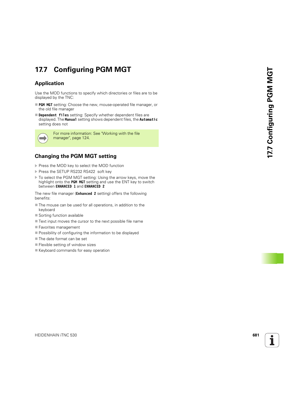 7 configuring pgm mgt, Application, Changing the pgm mgt setting | Application changing the pgm mgt setting, 7 configur ing pgm mgt 17.7 configuring pgm mgt | HEIDENHAIN iTNC 530 (60642x-04) User Manual | Page 681 / 747