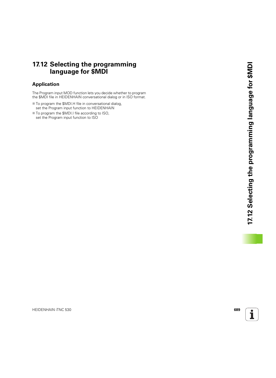 12 selecting the programming language for $mdi, Application | HEIDENHAIN iTNC 530 (60642x-04) User Manual | Page 689 / 747
