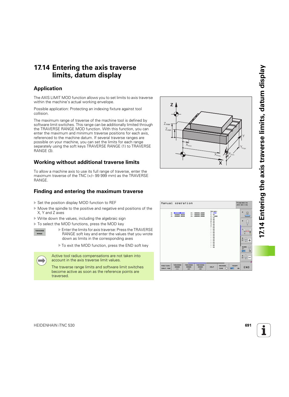 Application, Working without additional traverse limits, Finding and entering the maximum traverse | HEIDENHAIN iTNC 530 (60642x-04) User Manual | Page 691 / 747