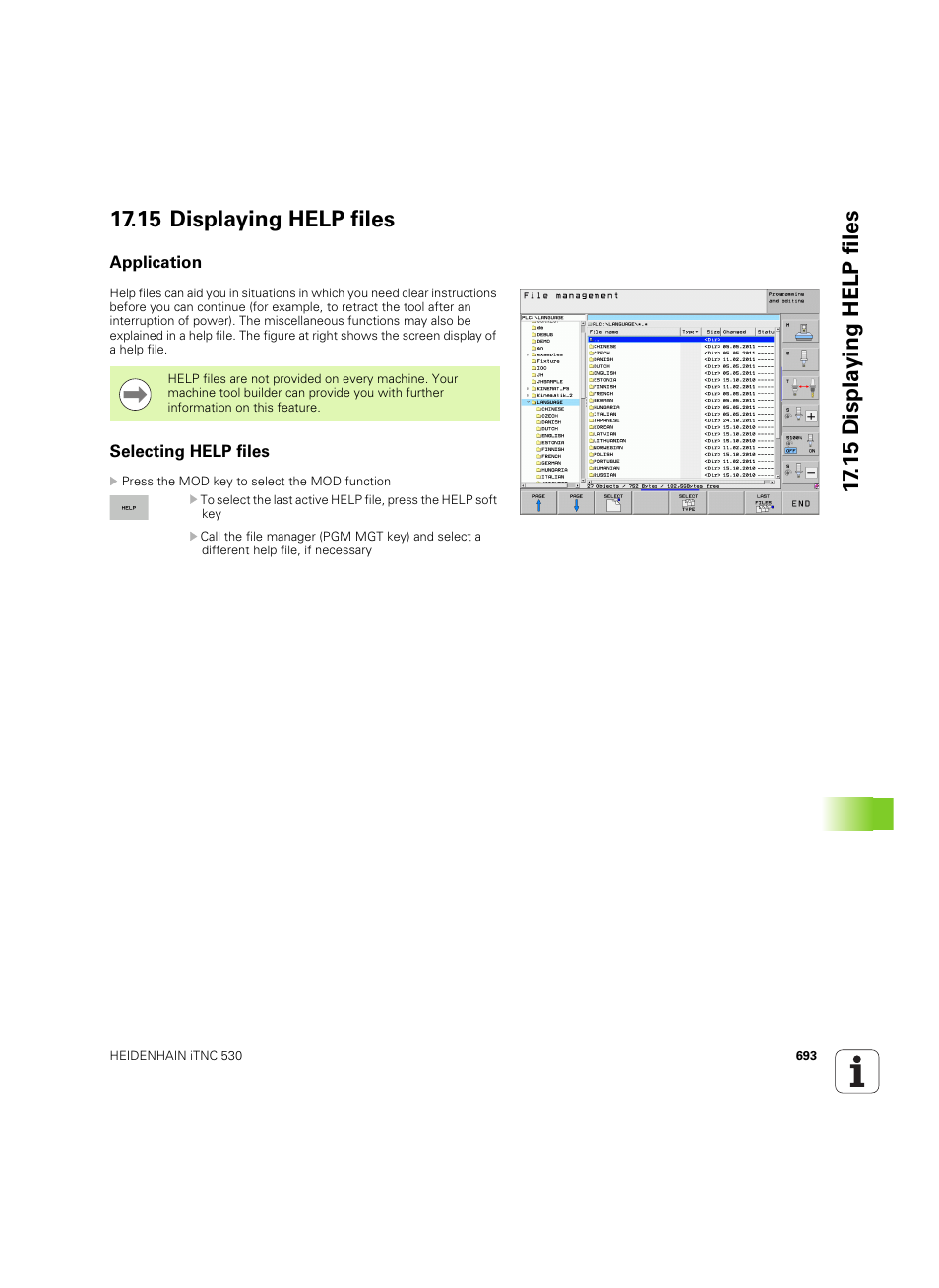 15 displaying help files, Application, Selecting help files | Application selecting help files | HEIDENHAIN iTNC 530 (60642x-04) User Manual | Page 693 / 747
