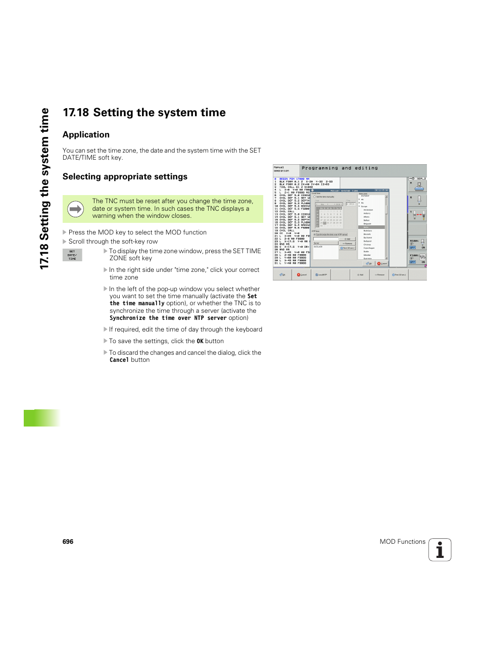 18 setting the system time, Application, Selecting appropriate settings | Application selecting appropriate settings | HEIDENHAIN iTNC 530 (60642x-04) User Manual | Page 696 / 747
