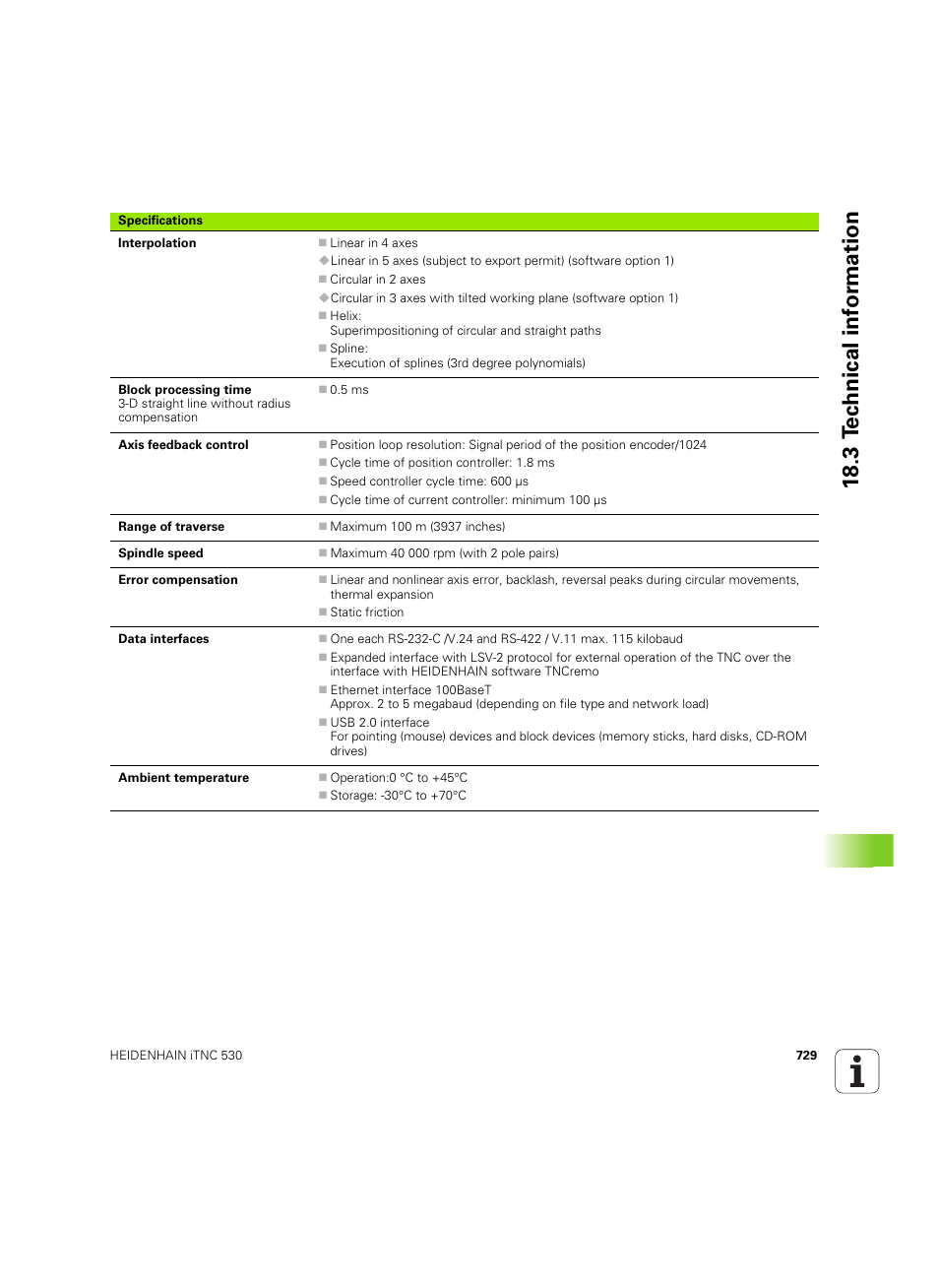 18 .3 t ec hnical inf o rm ation | HEIDENHAIN iTNC 530 (60642x-04) User Manual | Page 729 / 747