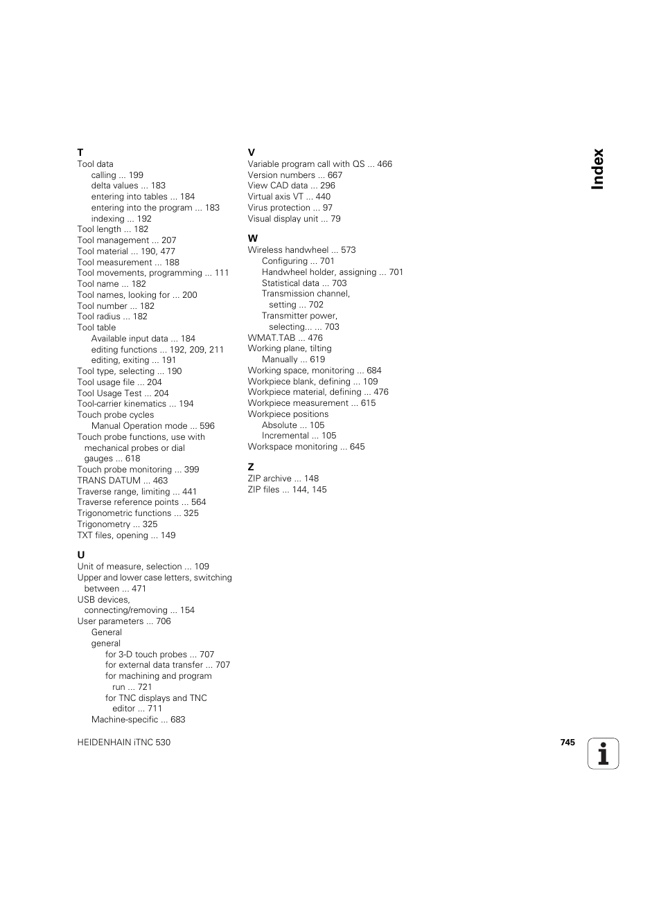 Index | HEIDENHAIN iTNC 530 (60642x-04) User Manual | Page 745 / 747