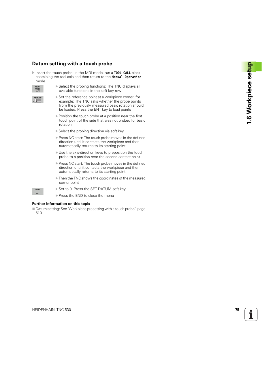 Datum setting with a touch probe, 6 w o rk piece set u p | HEIDENHAIN iTNC 530 (60642x-04) User Manual | Page 75 / 747