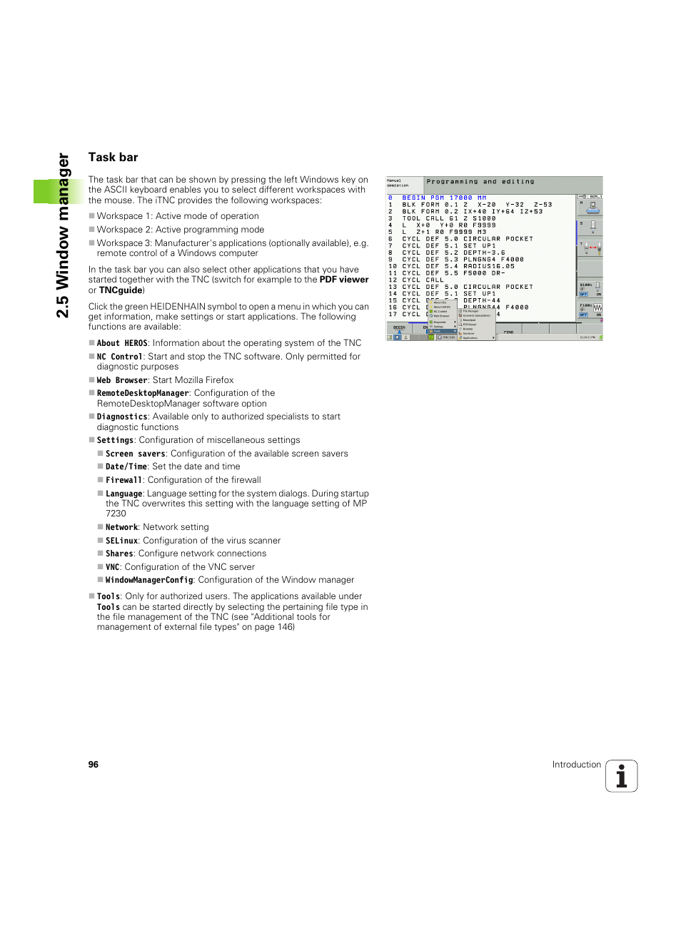 Task bar, 5 windo w manag e r | HEIDENHAIN iTNC 530 (60642x-04) User Manual | Page 96 / 747