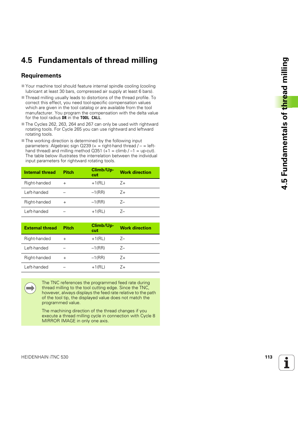 5 fundamentals of thread milling, Requirements | HEIDENHAIN iTNC 530 (60642x-04) Cycle programming User Manual | Page 113 / 529