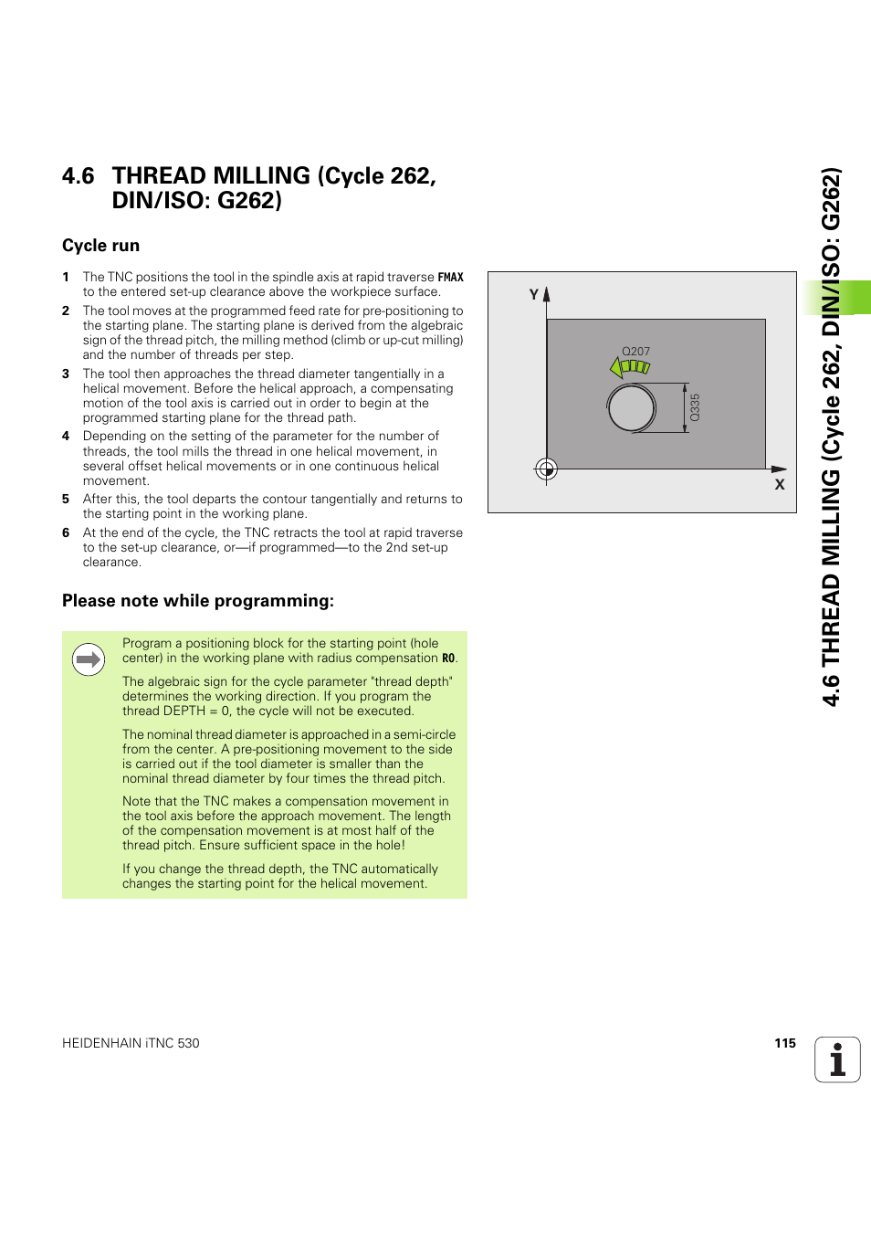 6 thread milling (cycle 262, din/iso: g262), Cycle run, Please note while programming | Seite 115 | HEIDENHAIN iTNC 530 (60642x-04) Cycle programming User Manual | Page 115 / 529