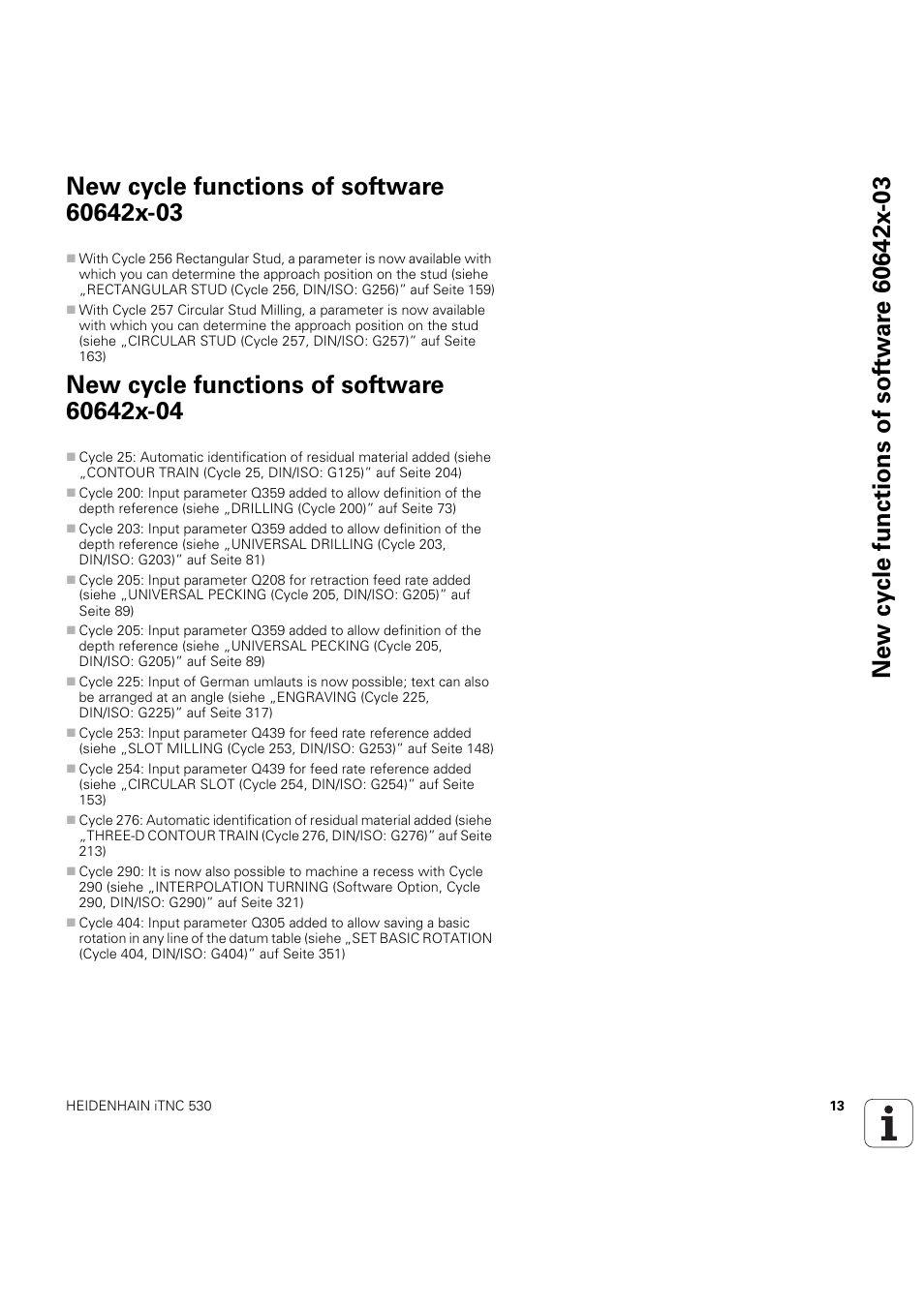 New cycle functions of software 60642x-03, New cycle functions of software 60642x-04 | HEIDENHAIN iTNC 530 (60642x-04) Cycle programming User Manual | Page 13 / 529