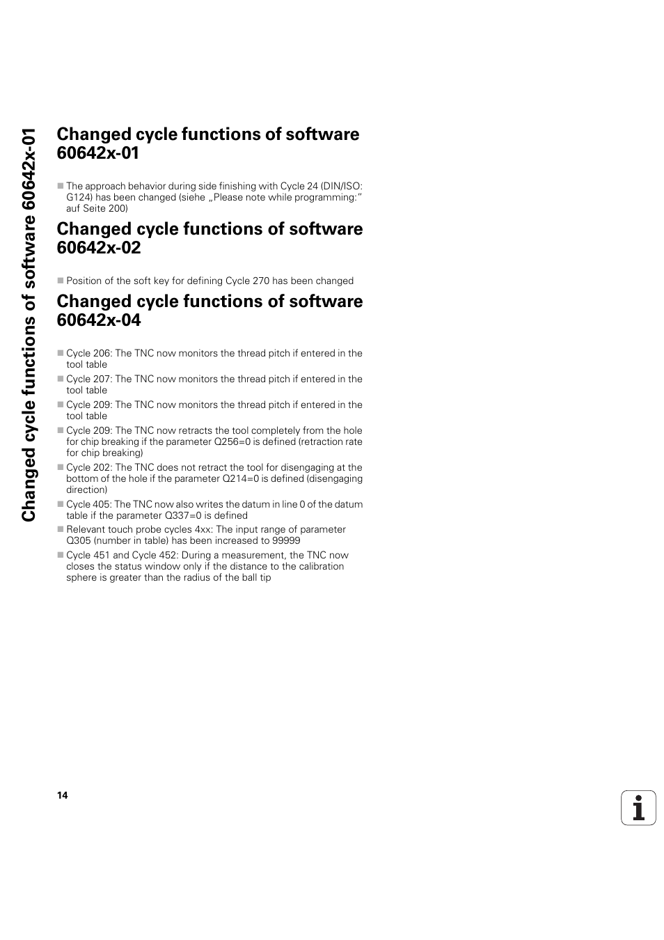 Changed cycle functions of software 60642x-01, Changed cycle functions of software 60642x-02, Changed cycle functions of software 60642x-04 | HEIDENHAIN iTNC 530 (60642x-04) Cycle programming User Manual | Page 14 / 529