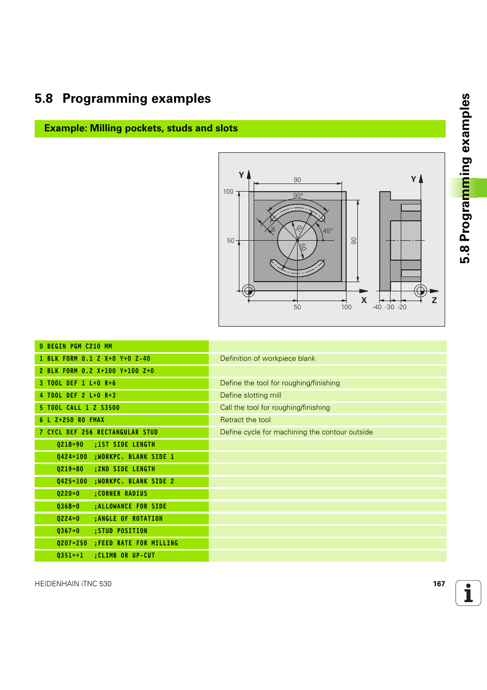 8 programming examples, 8 pr ogr amming examples 5.8 programming examples, Example: milling pockets, studs and slots | HEIDENHAIN iTNC 530 (60642x-04) Cycle programming User Manual | Page 167 / 529