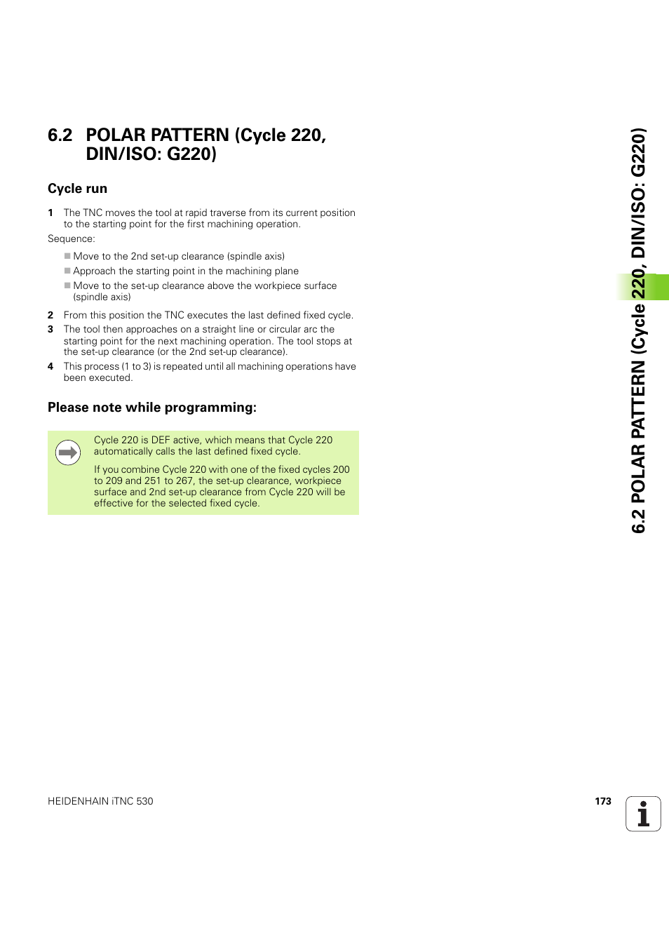 2 polar pattern (cycle 220, din/iso: g220), Cycle run, Please note while programming | HEIDENHAIN iTNC 530 (60642x-04) Cycle programming User Manual | Page 173 / 529