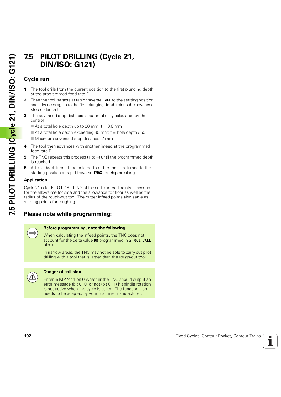 5 pilot drilling (cycle 21, din/iso: g121), Cycle run, Please note while programming | Seite 192 | HEIDENHAIN iTNC 530 (60642x-04) Cycle programming User Manual | Page 192 / 529