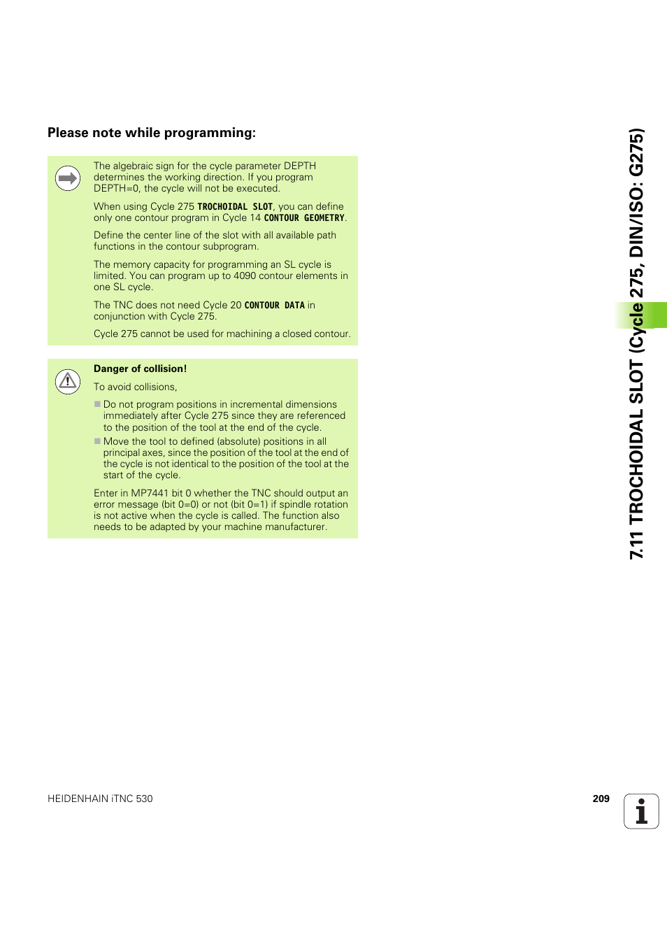 Please note while programming | HEIDENHAIN iTNC 530 (60642x-04) Cycle programming User Manual | Page 209 / 529
