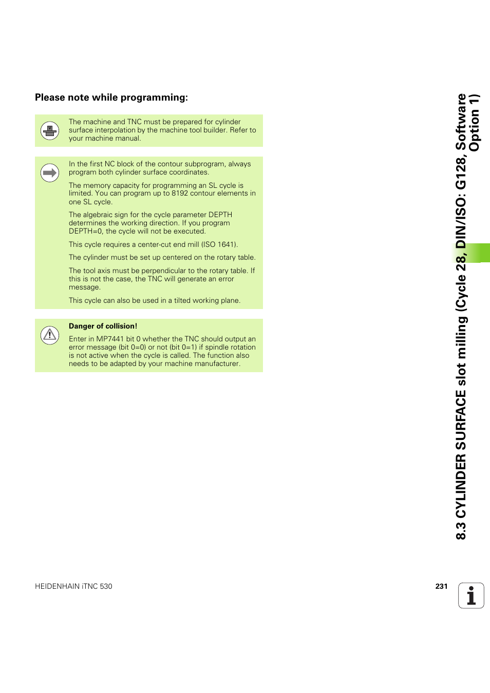 Please note while programming | HEIDENHAIN iTNC 530 (60642x-04) Cycle programming User Manual | Page 231 / 529