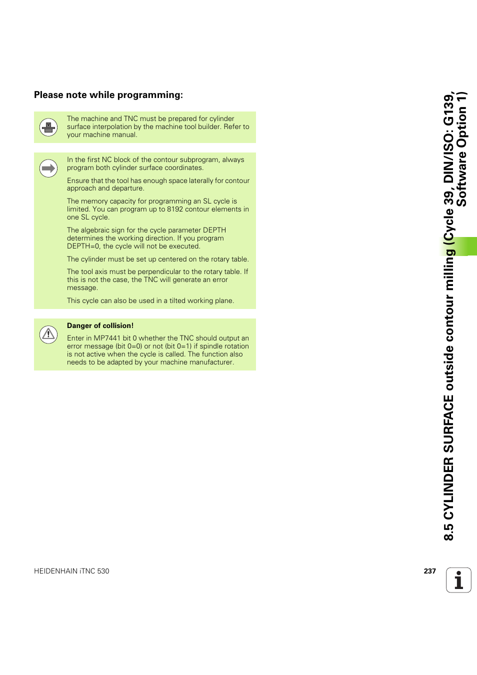 Please note while programming | HEIDENHAIN iTNC 530 (60642x-04) Cycle programming User Manual | Page 237 / 529
