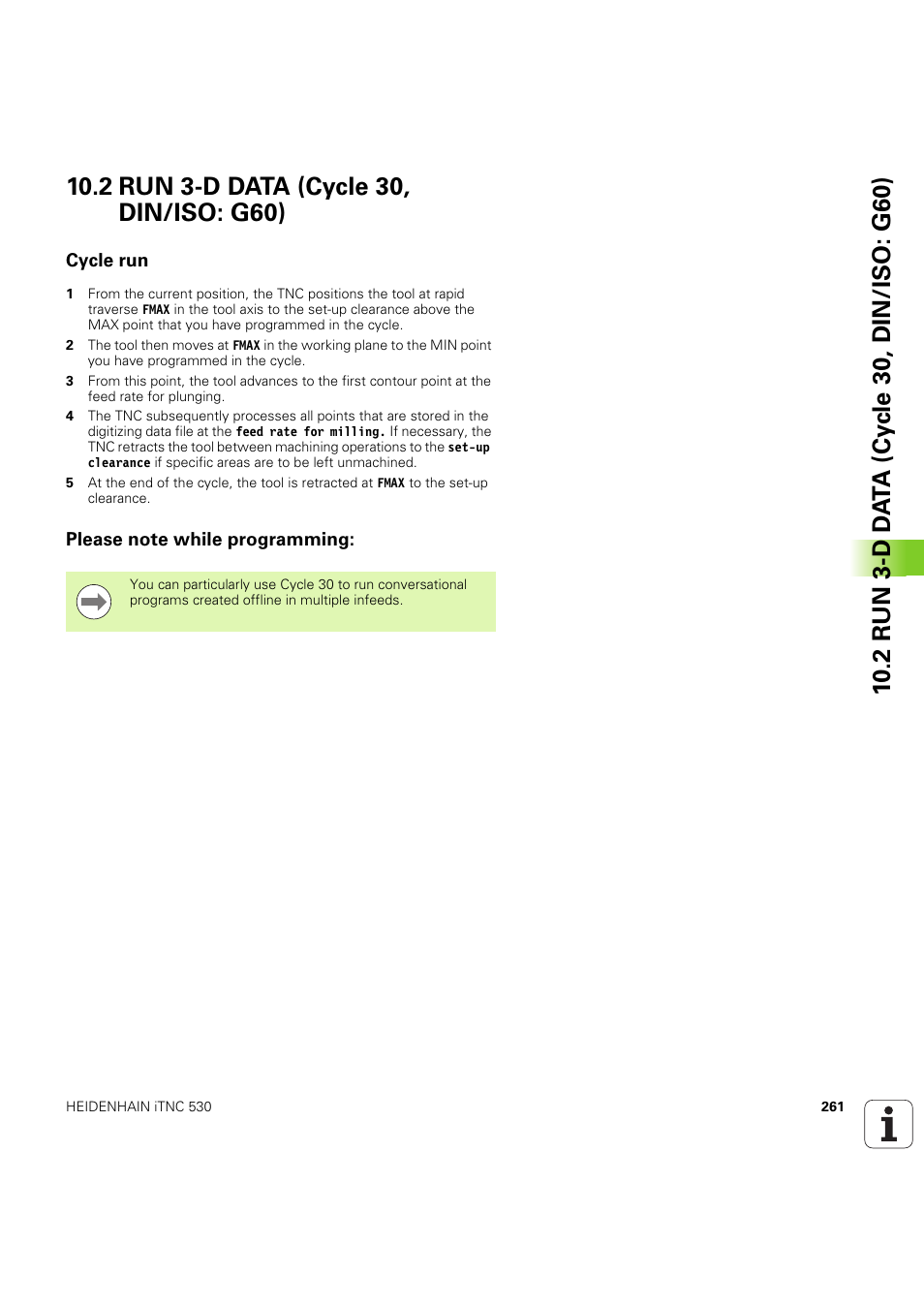 2 run 3-d data (cycle 30, din/iso: g60), Cycle run, Please note while programming | Seite 261 | HEIDENHAIN iTNC 530 (60642x-04) Cycle programming User Manual | Page 261 / 529