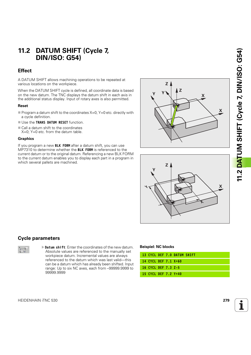2 datum shift (cycle 7, din/iso: g54), Effect, Cycle parameters | Seite 279 | HEIDENHAIN iTNC 530 (60642x-04) Cycle programming User Manual | Page 279 / 529