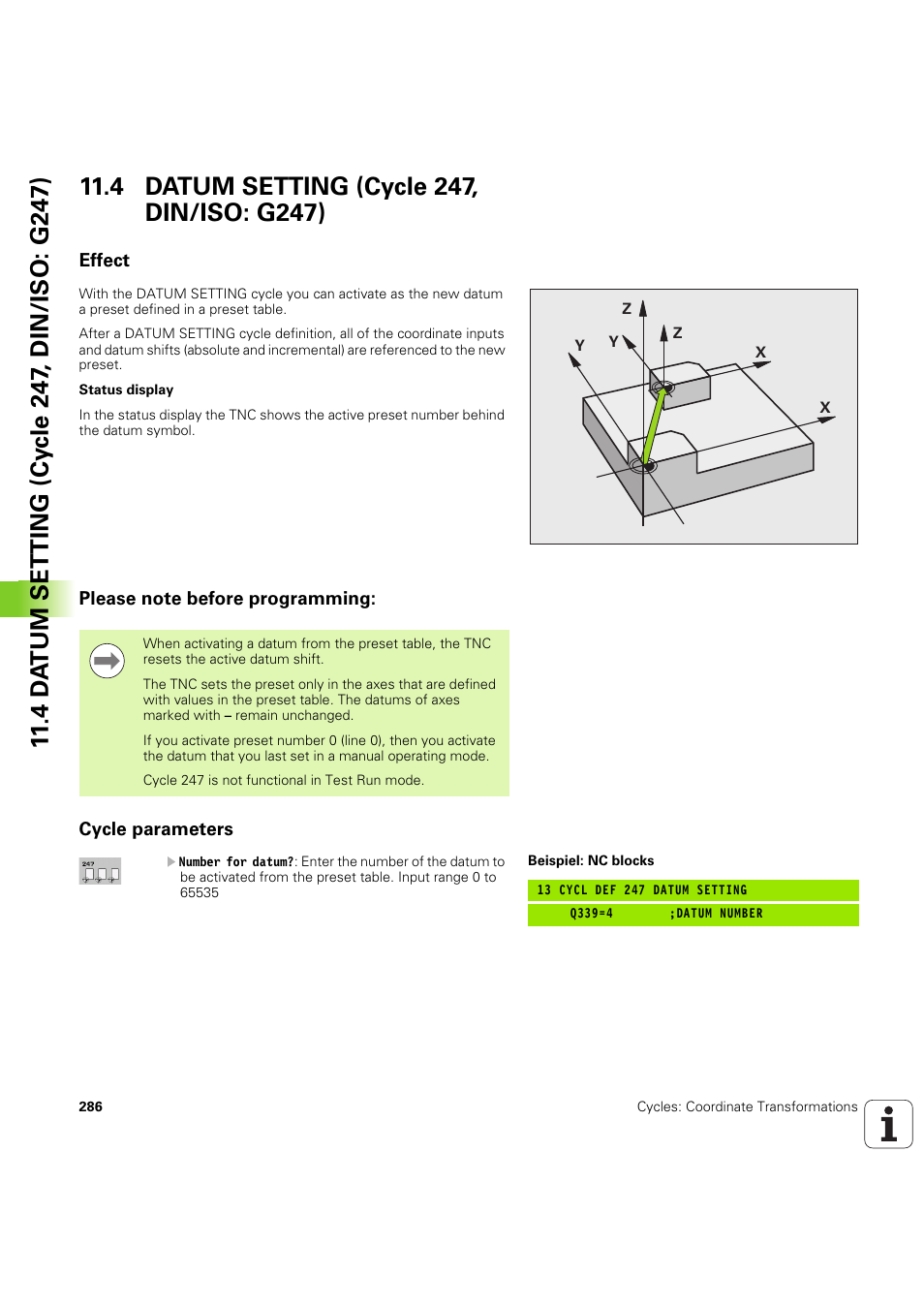 4 datum setting (cycle 247, din/iso: g247), Effect, Please note before programming | Cycle parameters, Seite 286 | HEIDENHAIN iTNC 530 (60642x-04) Cycle programming User Manual | Page 286 / 529