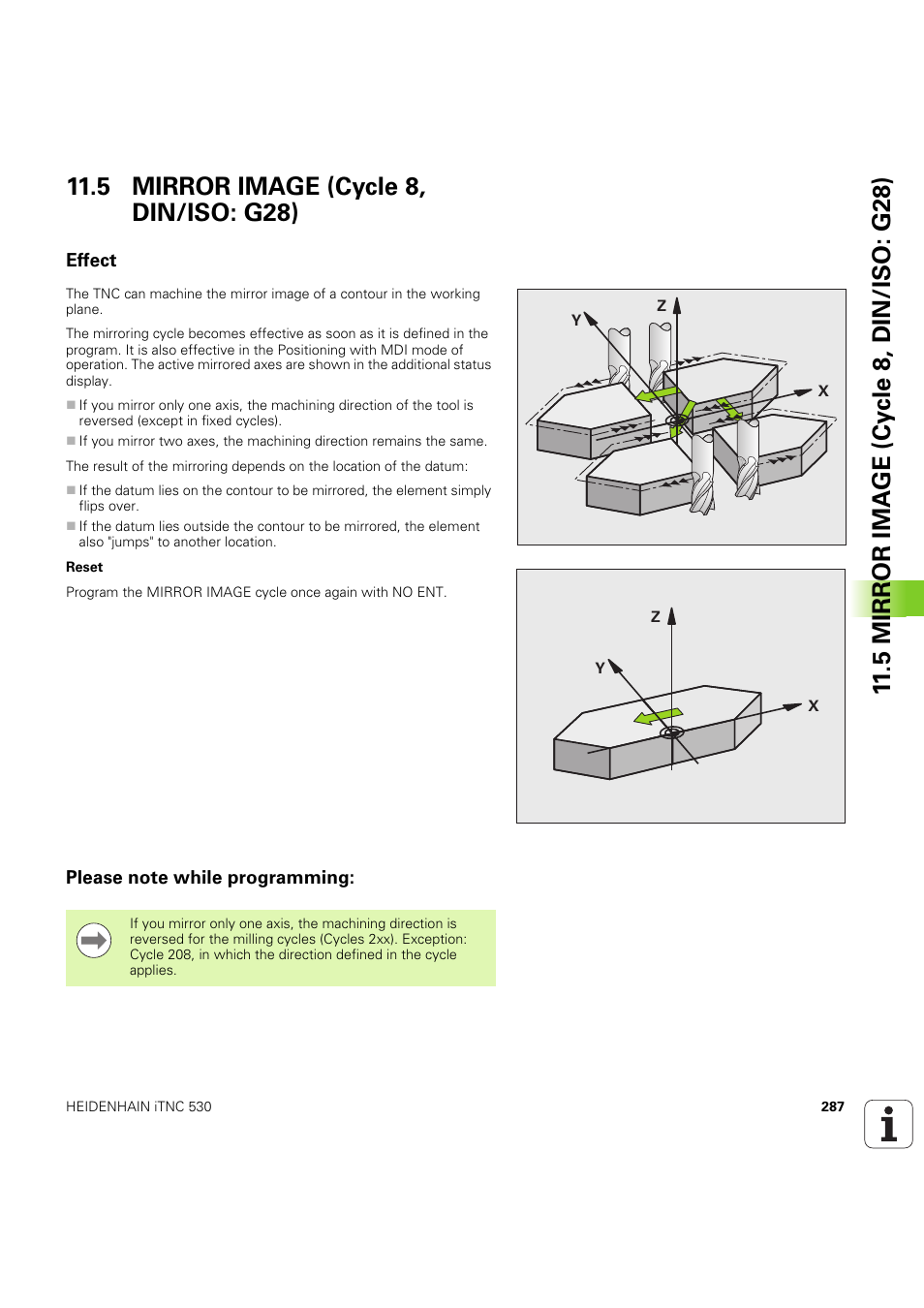 5 mirror image (cycle 8, din/iso: g28), Effect, Please note while programming | Seite 287 | HEIDENHAIN iTNC 530 (60642x-04) Cycle programming User Manual | Page 287 / 529