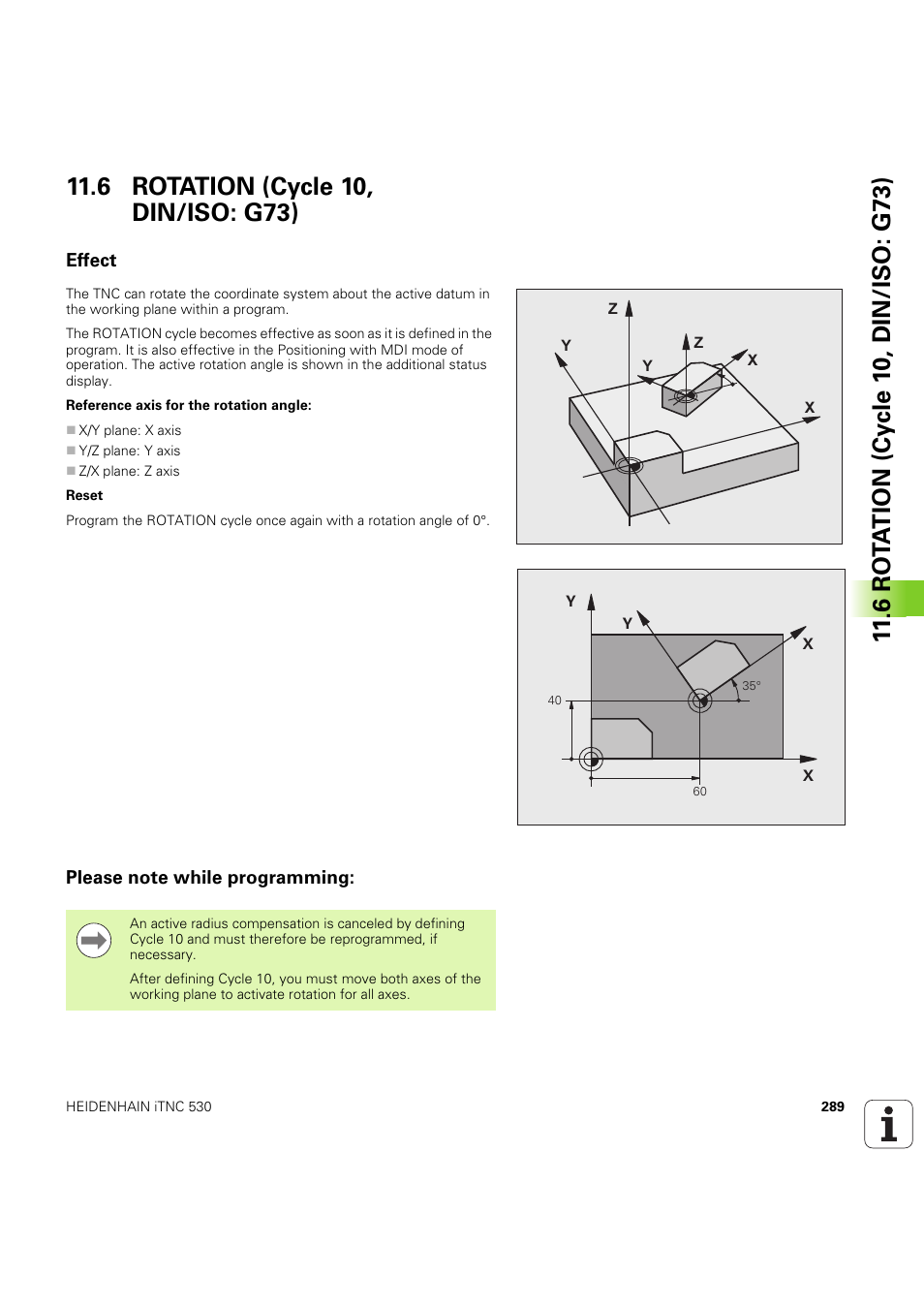 6 rotation (cycle 10, din/iso: g73), Effect, Please note while programming | Seite 289 | HEIDENHAIN iTNC 530 (60642x-04) Cycle programming User Manual | Page 289 / 529