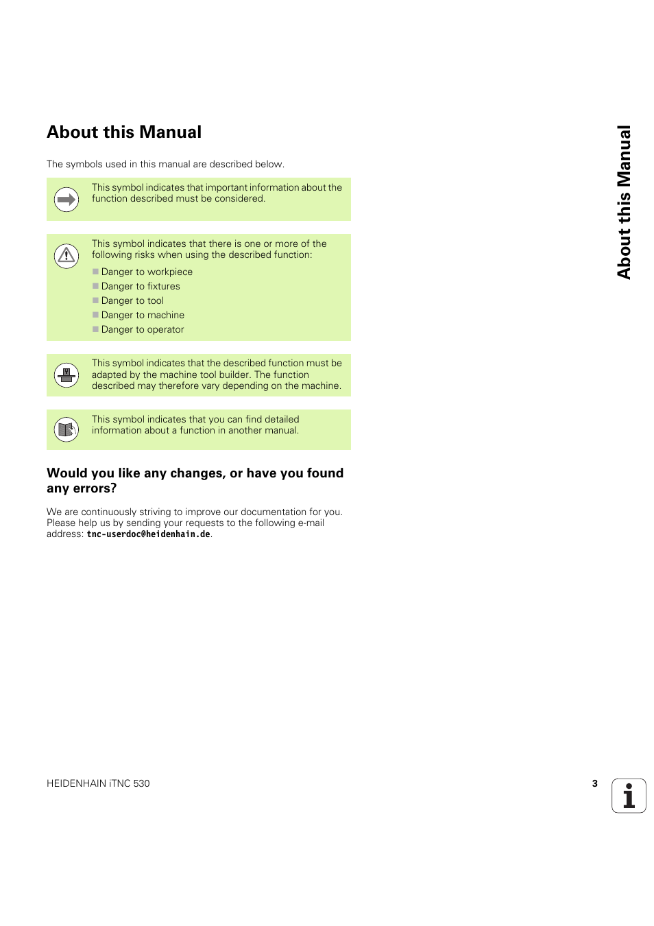 About this manual | HEIDENHAIN iTNC 530 (60642x-04) Cycle programming User Manual | Page 3 / 529