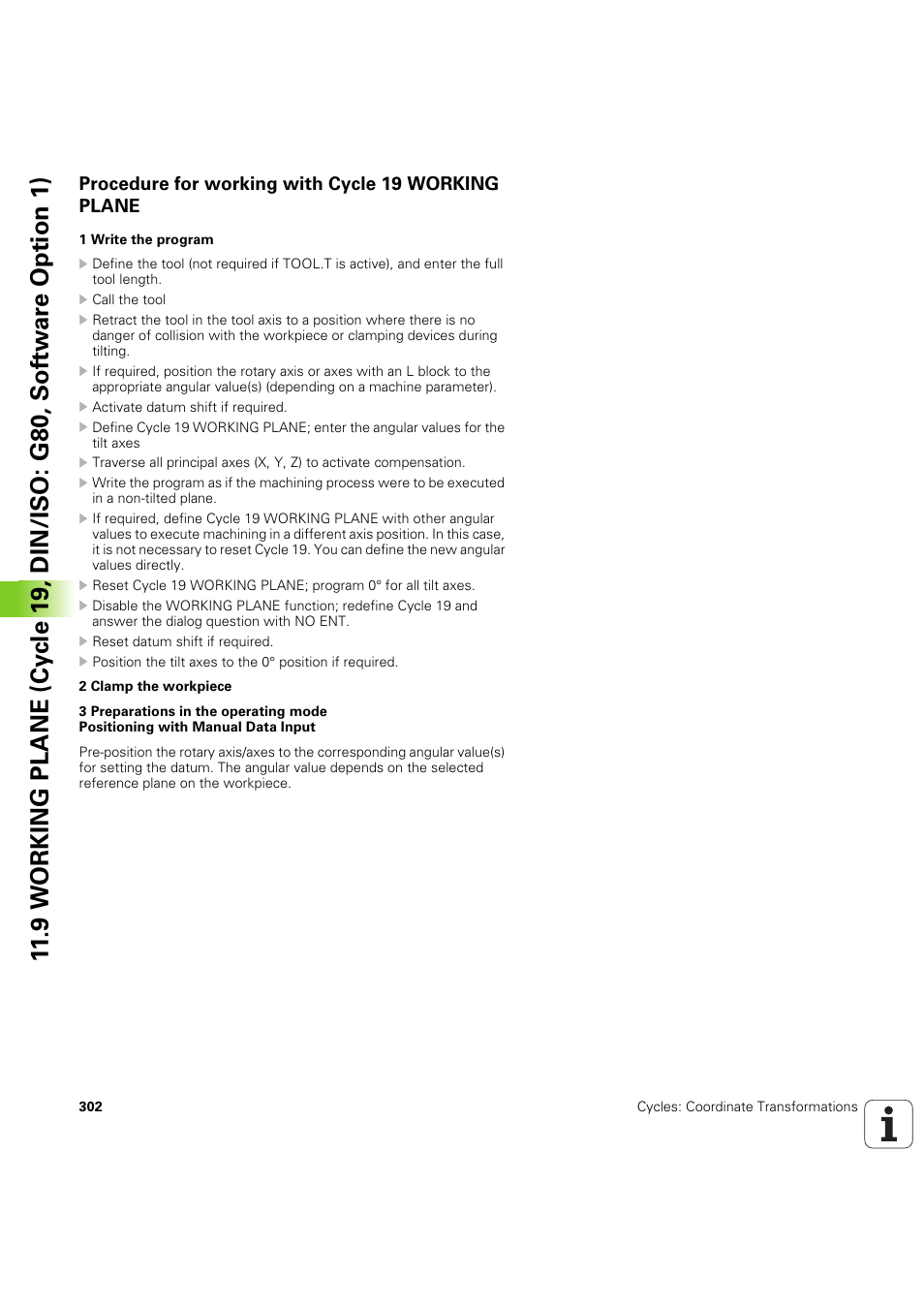 Procedure for working with cycle 19 working plane | HEIDENHAIN iTNC 530 (60642x-04) Cycle programming User Manual | Page 302 / 529
