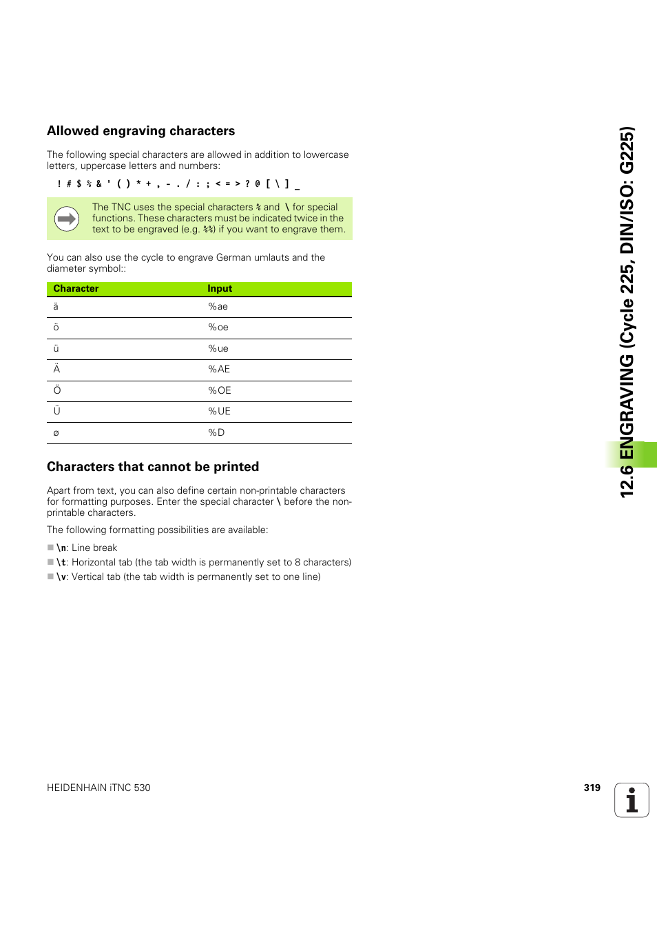Allowed engraving characters, Characters that cannot be printed | HEIDENHAIN iTNC 530 (60642x-04) Cycle programming User Manual | Page 319 / 529