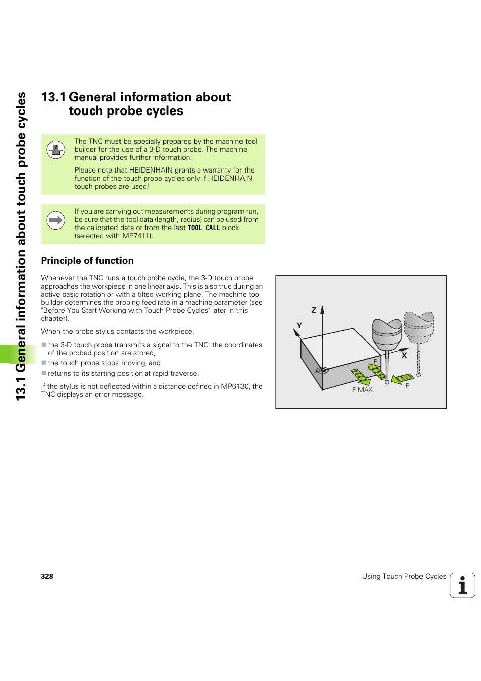 1 general information about touch probe cycles, Principle of function | HEIDENHAIN iTNC 530 (60642x-04) Cycle programming User Manual | Page 328 / 529