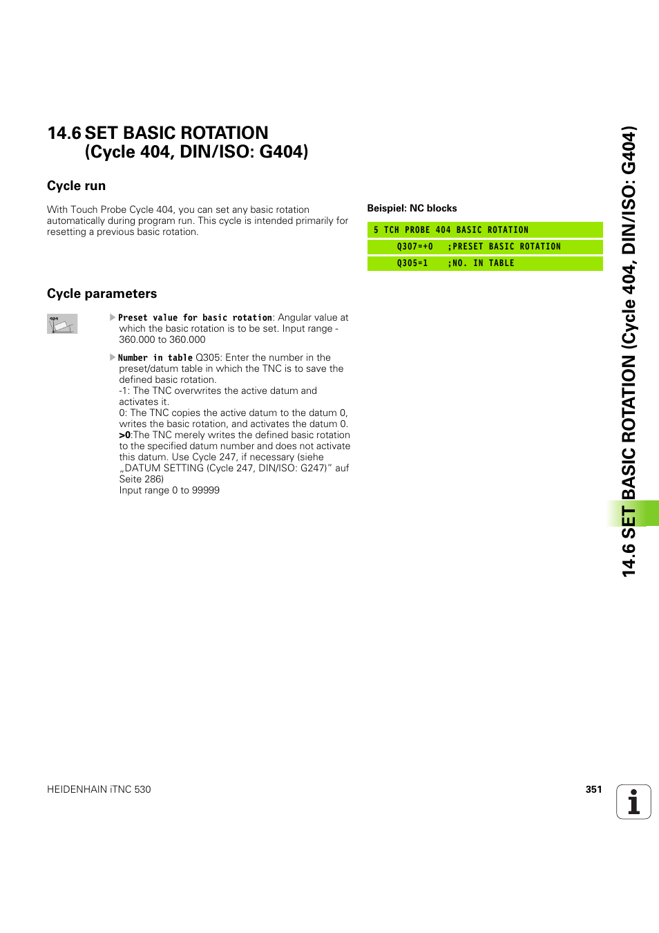 6 set basic rotation (cycle 404, din/iso: g404), Cycle run, Cycle parameters | Seite 351 | HEIDENHAIN iTNC 530 (60642x-04) Cycle programming User Manual | Page 351 / 529