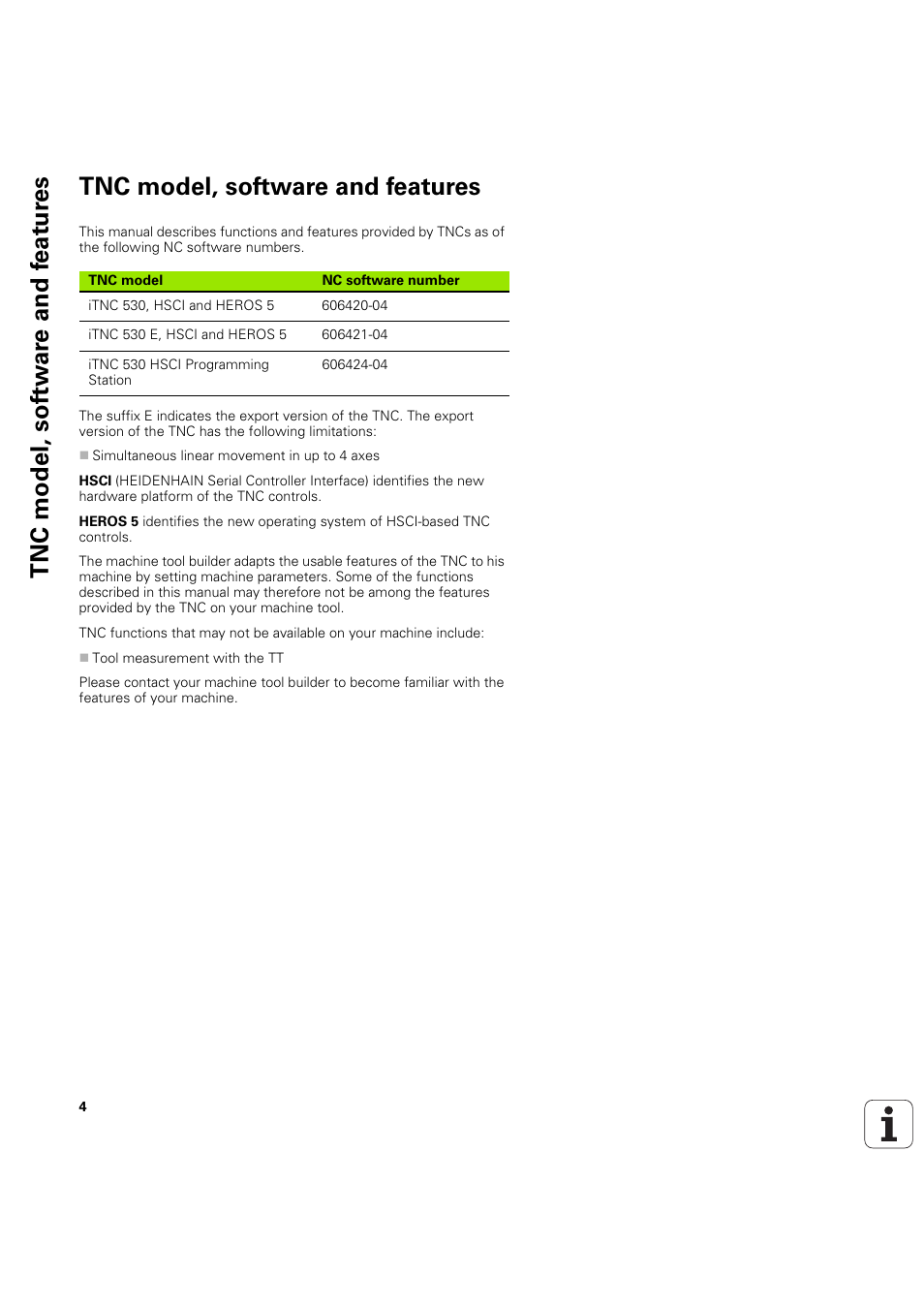 Tnc model, software and features | HEIDENHAIN iTNC 530 (60642x-04) Cycle programming User Manual | Page 4 / 529