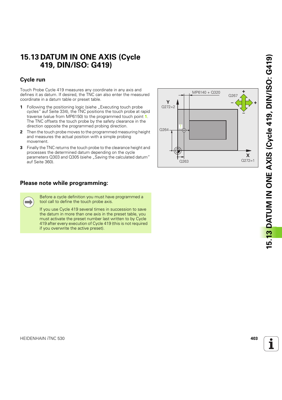 13 datum in one axis (cycle 419, din/iso: g419), Cycle run, Please note while programming | HEIDENHAIN iTNC 530 (60642x-04) Cycle programming User Manual | Page 403 / 529