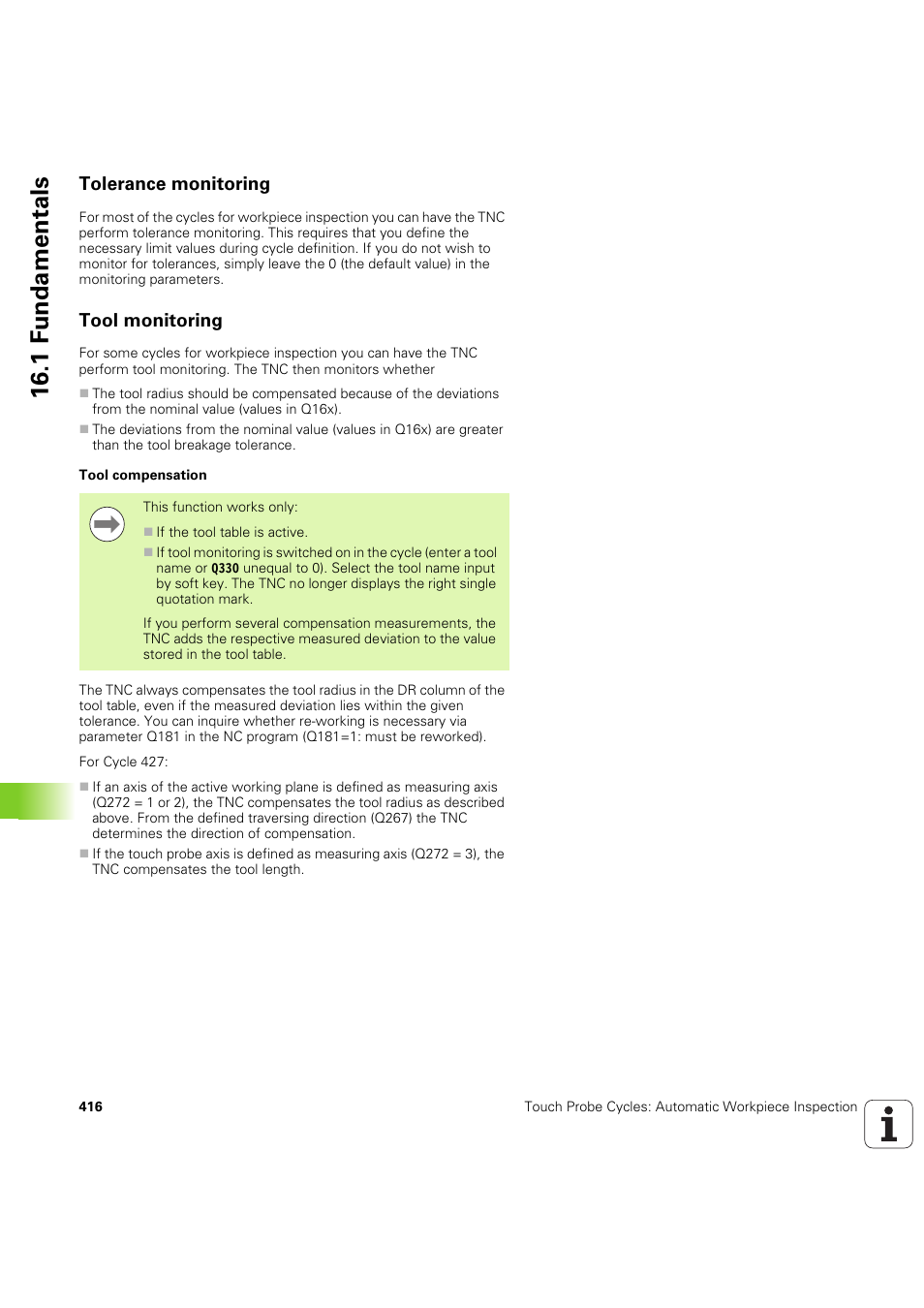 Tolerance monitoring, Tool monitoring, 1 f undamentals | HEIDENHAIN iTNC 530 (60642x-04) Cycle programming User Manual | Page 416 / 529