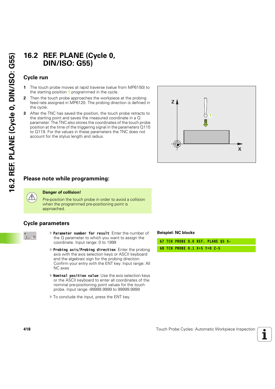 2 ref. plane (cycle 0, din/iso: g55), Cycle run, Please note while programming | Cycle parameters, Seite 418 | HEIDENHAIN iTNC 530 (60642x-04) Cycle programming User Manual | Page 418 / 529