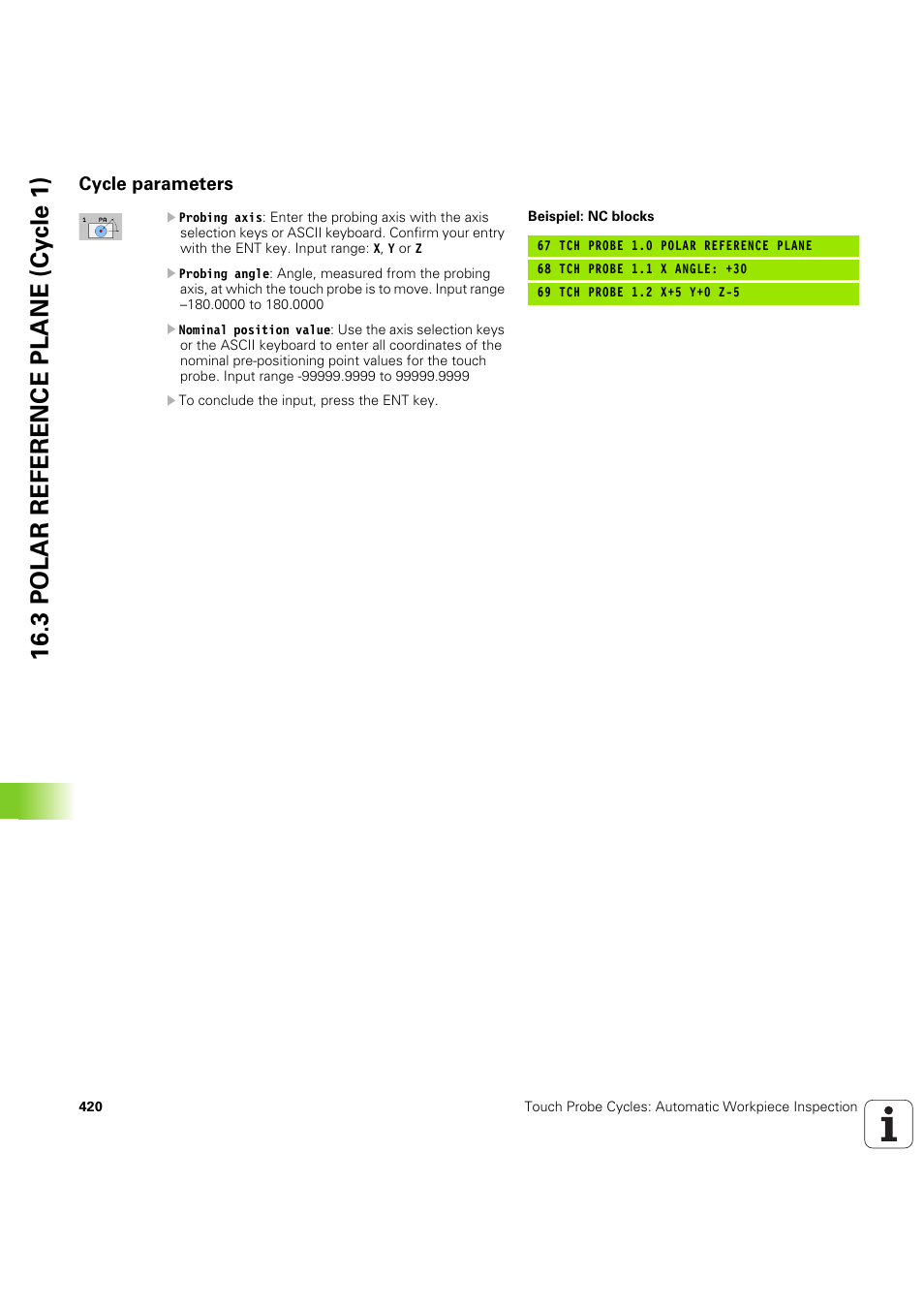 Cycle parameters, 3 polar reference plane (cy c le 1) | HEIDENHAIN iTNC 530 (60642x-04) Cycle programming User Manual | Page 420 / 529
