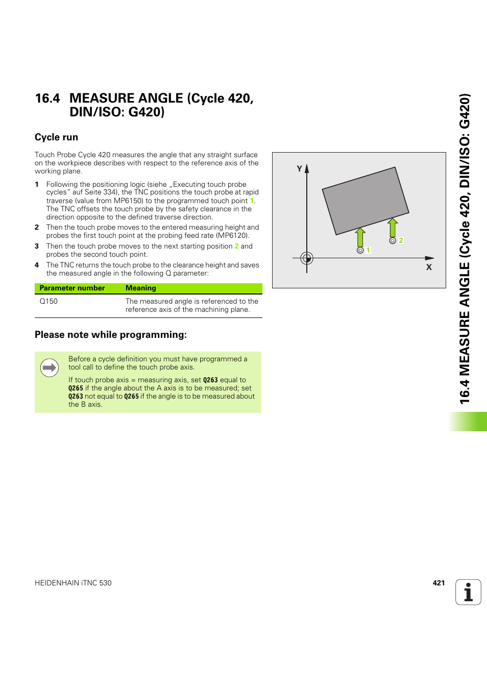 4 measure angle (cycle 420, din/iso: g420), Cycle run, Please note while programming | Seite 421 | HEIDENHAIN iTNC 530 (60642x-04) Cycle programming User Manual | Page 421 / 529