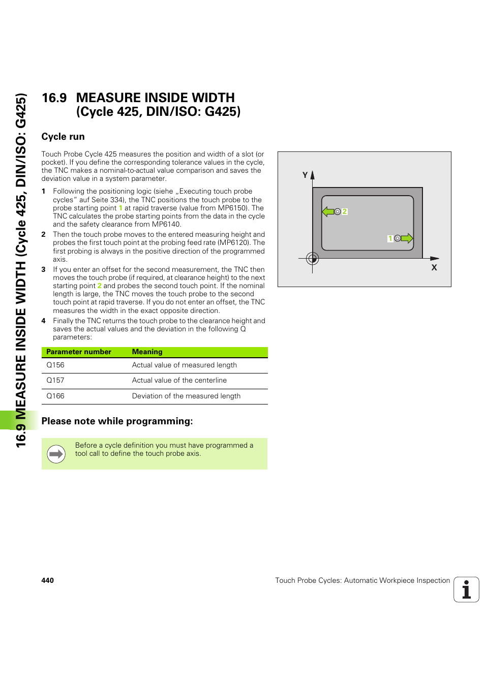 9 measure inside width (cycle 425, din/iso: g425), Cycle run, Please note while programming | Seite 440 | HEIDENHAIN iTNC 530 (60642x-04) Cycle programming User Manual | Page 440 / 529