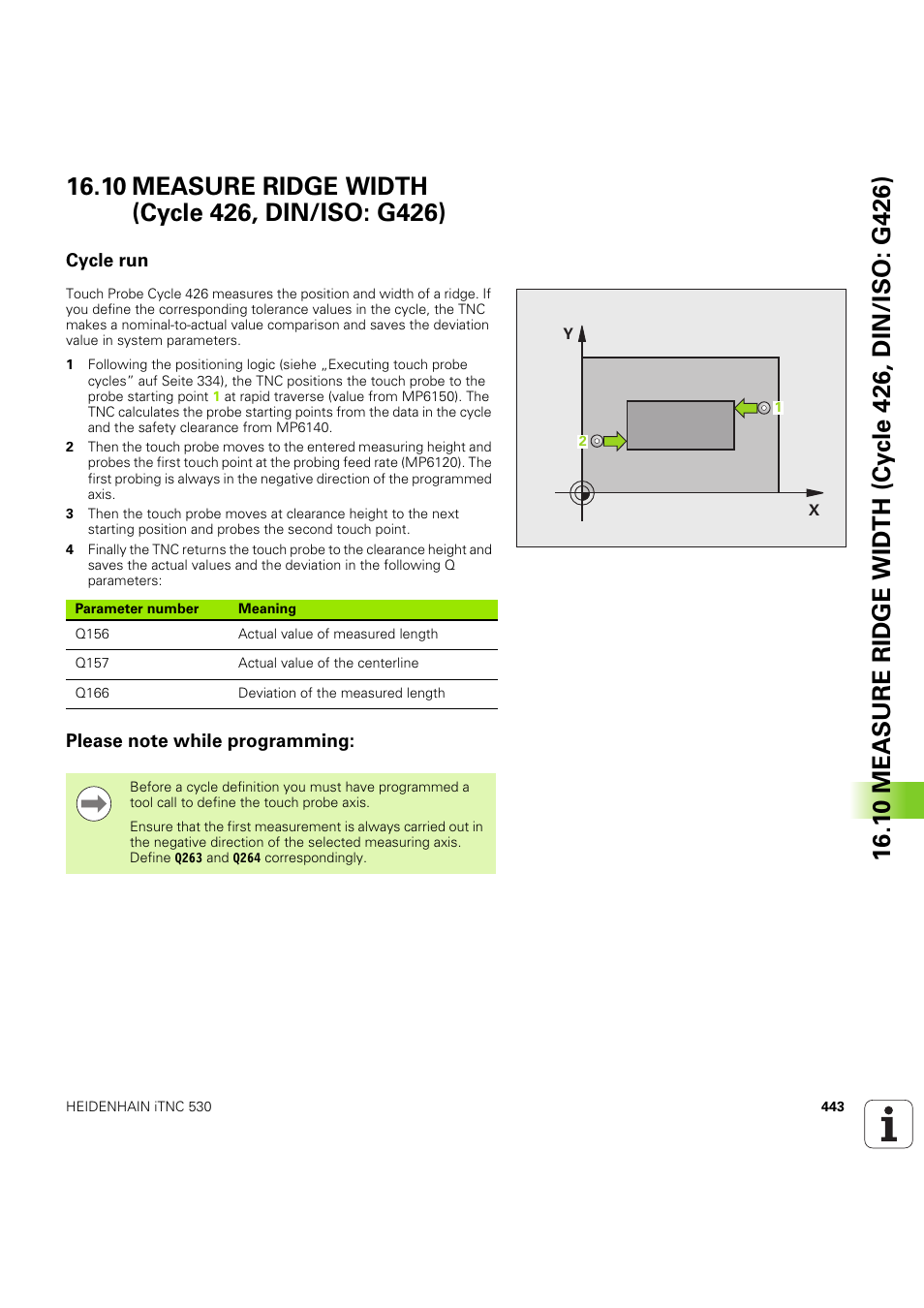 10 measure ridge width (cycle 426, din/iso: g426), Cycle run, Please note while programming | Seite 443 | HEIDENHAIN iTNC 530 (60642x-04) Cycle programming User Manual | Page 443 / 529