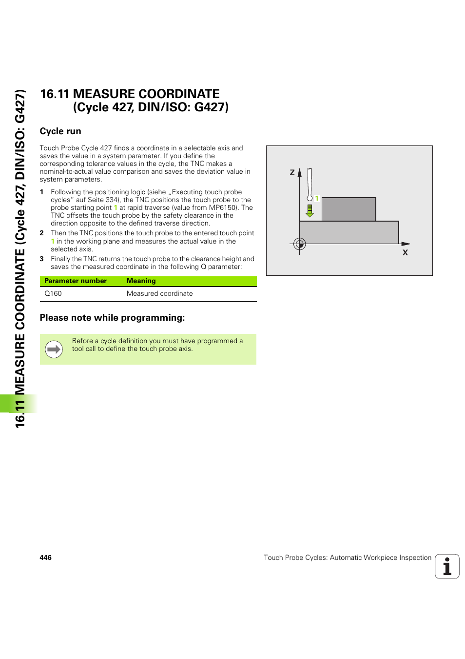 11 measure coordinate (cycle 427, din/iso: g427), Cycle run, Please note while programming | Seite 446 | HEIDENHAIN iTNC 530 (60642x-04) Cycle programming User Manual | Page 446 / 529