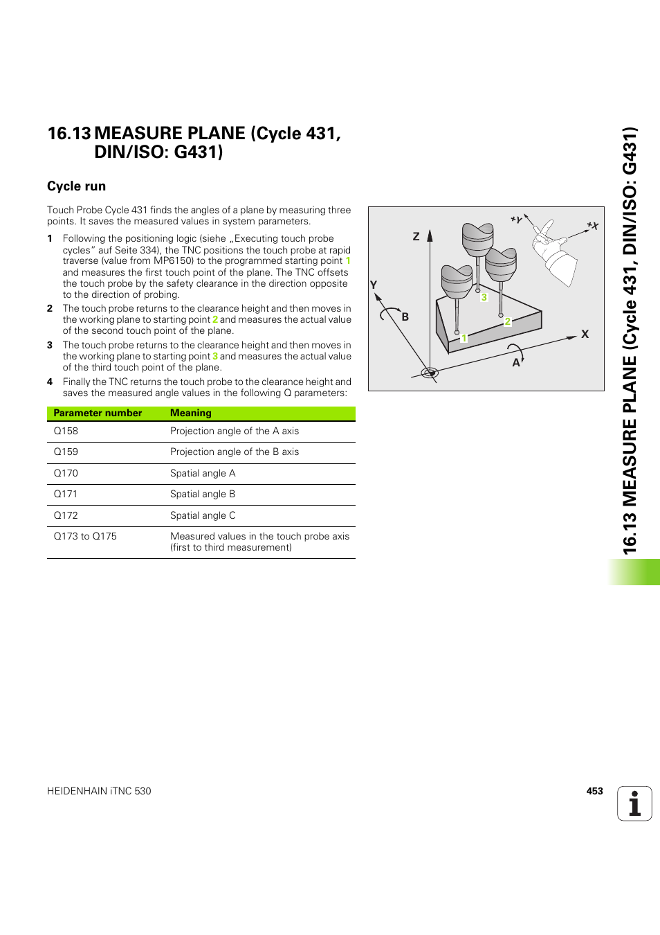 13 measure plane (cycle 431, din/iso: g431), Cycle run, Seite 453 | HEIDENHAIN iTNC 530 (60642x-04) Cycle programming User Manual | Page 453 / 529