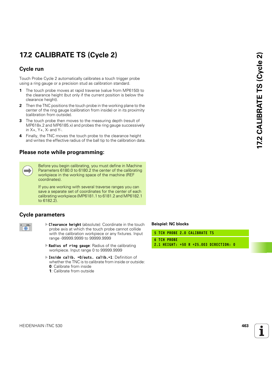 2 calibrate ts (cycle 2), Cycle run, Please note while programming | Cycle parameters, Seite 463 | HEIDENHAIN iTNC 530 (60642x-04) Cycle programming User Manual | Page 463 / 529