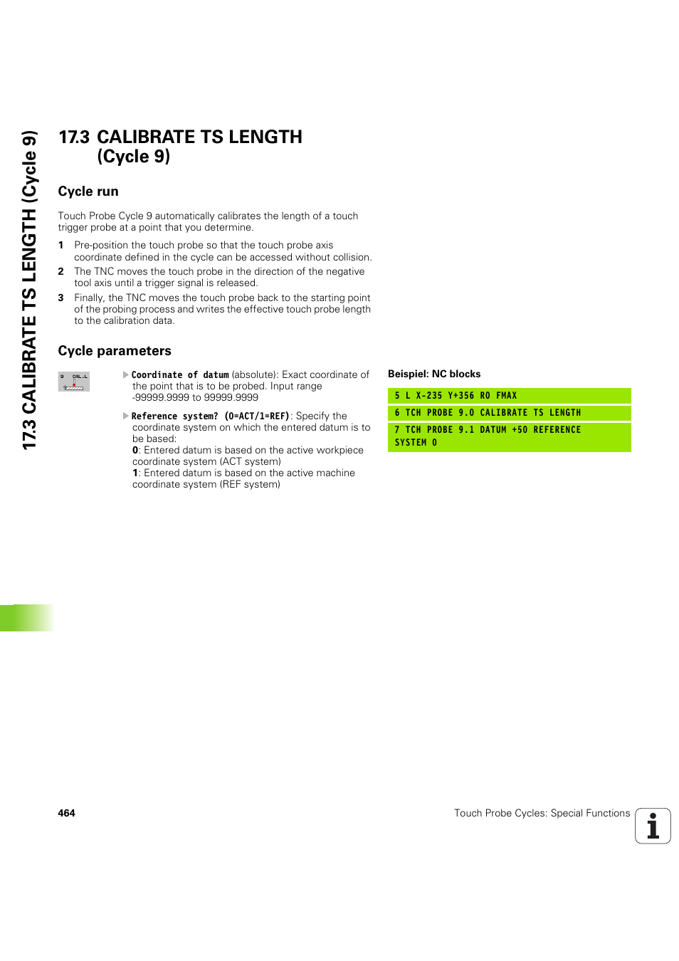 3 calibrate ts length (cycle 9), Cycle run, Cycle parameters | Seite 464 | HEIDENHAIN iTNC 530 (60642x-04) Cycle programming User Manual | Page 464 / 529